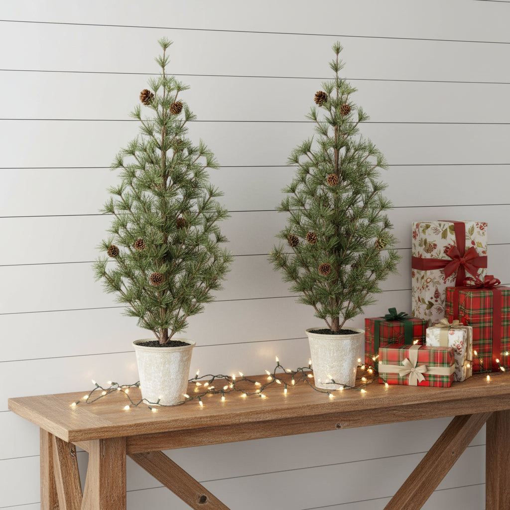 Set of Two 32" Mini Artificial Pine Trees With Pinecones In Rustic Brown Pots