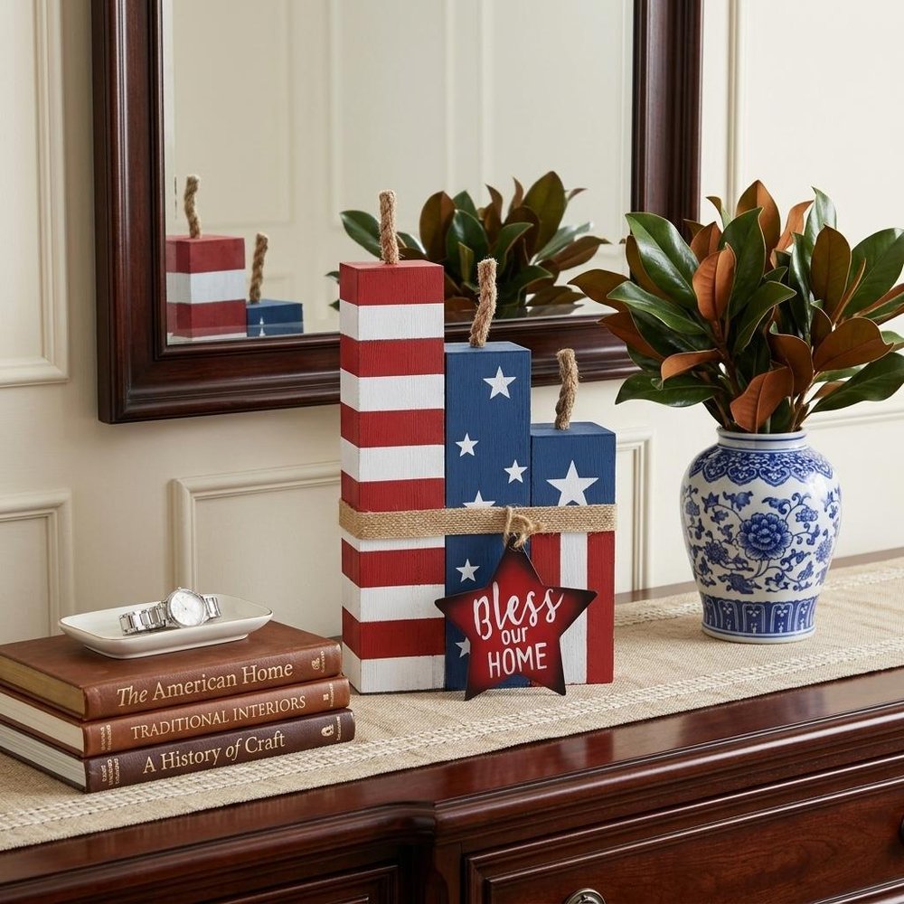 14" Red White And Blue Bless Our Home Tabletop Sign