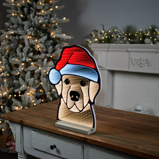 17" Beige And Red Acrylic Dog Christmas Tabletop Sign with LED