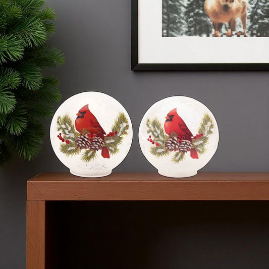 Set of Two White And Red Glass Bird Tabletop Sculpture with LED