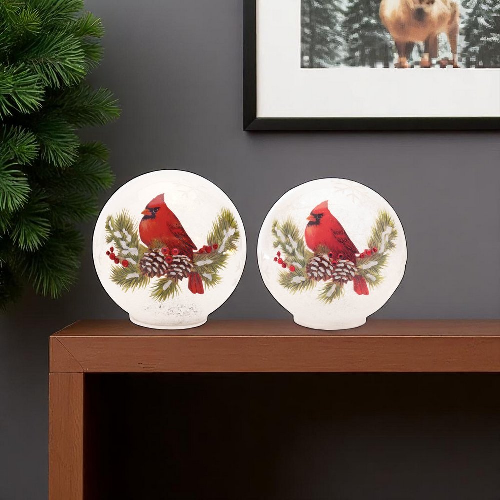 Set of Two White And Red Glass Bird Tabletop Sculpture with LED