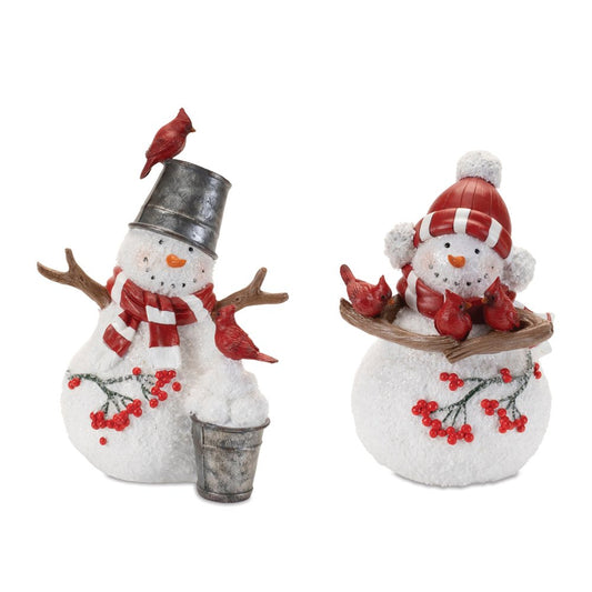 Set of Two White Red And Silver Polyresin Christmas Snowman Figurine