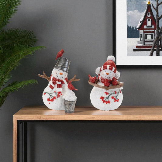 Set of Two White Red And Silver Polyresin Christmas Snowman Figurine