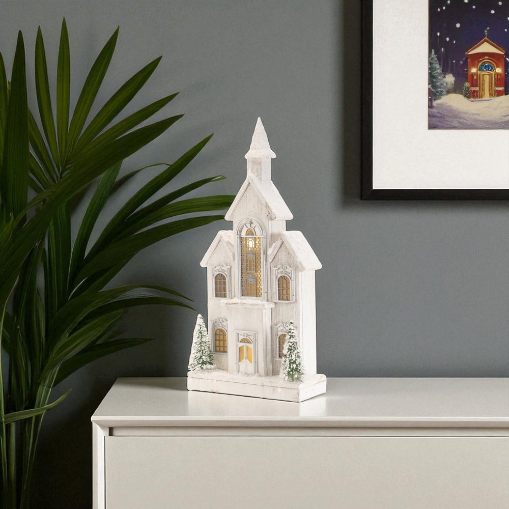 22" White And Green Wood Tabletop Sculpture with LED