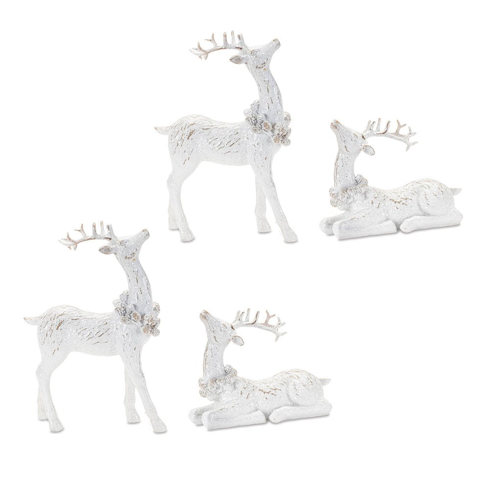 Set of Two White Polyresin Deer Christmas Figurine