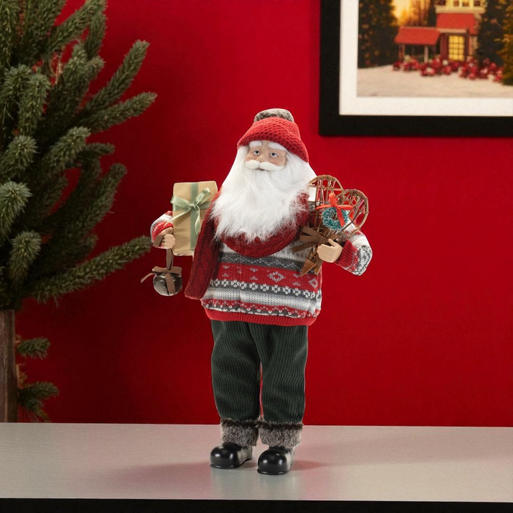 19" Red White And Black Fabric Christmas Santa Figurine