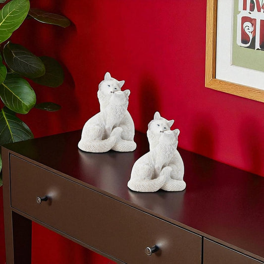 Set of Two White Polyresin Fox Figurine
