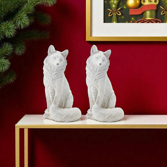 Set of Two White Polyresin Fox Figurine