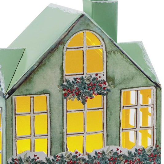 12" Gold Green And Red Iron House Tabletop Sculpture