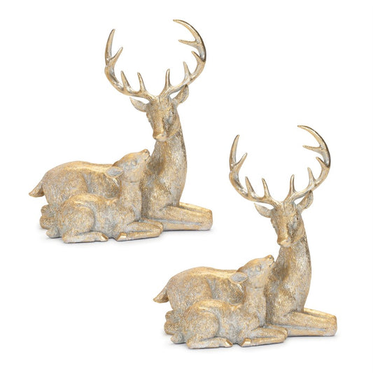 Set of Two Gold And White Polyresin Deer Christmas Figurine