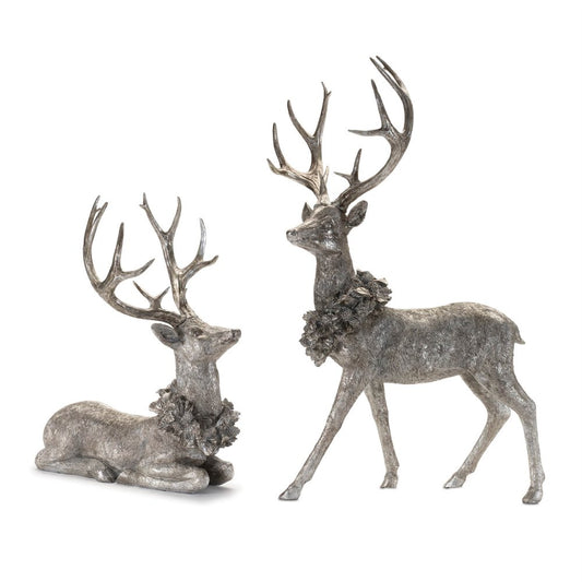 Set of Two Silver And Black Polyresin Deer Christmas Figurine