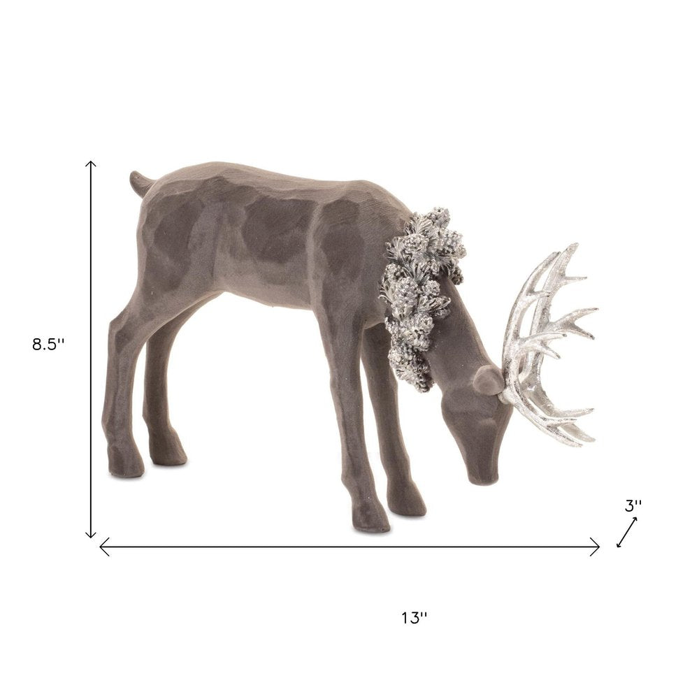 Set of Two Gray Resin Deer Christmas Figurine