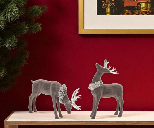 Set of Two Gray Resin Deer Christmas Figurine