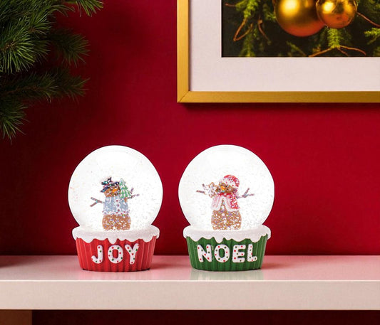 Set of Two Green Red And White Resin Christmas Snowman Tabletop Sculpture