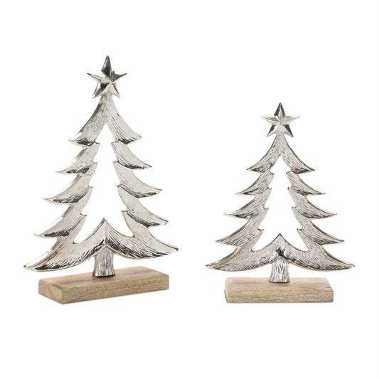 Set of Two Gray And Beige Aluminum Trees Christmas Christmas Tree Tabletop Sculpture