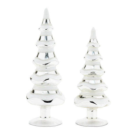 Set of Two Silver And White Glass Trees Tabletop Sculpture