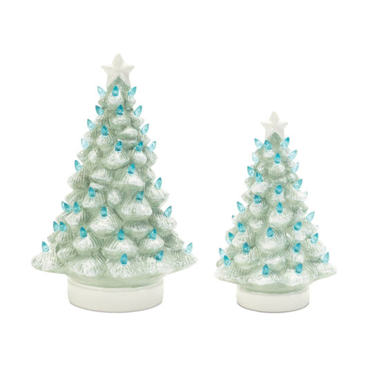 Set of Two Blue And White Ceramic Trees Christmas Christmas Tree Tabletop Sculpture with LED