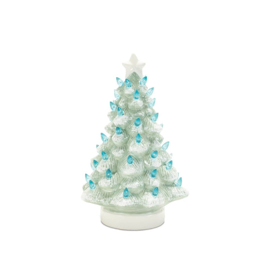 Set of Two Blue And White Ceramic Trees Christmas Christmas Tree Tabletop Sculpture with LED
