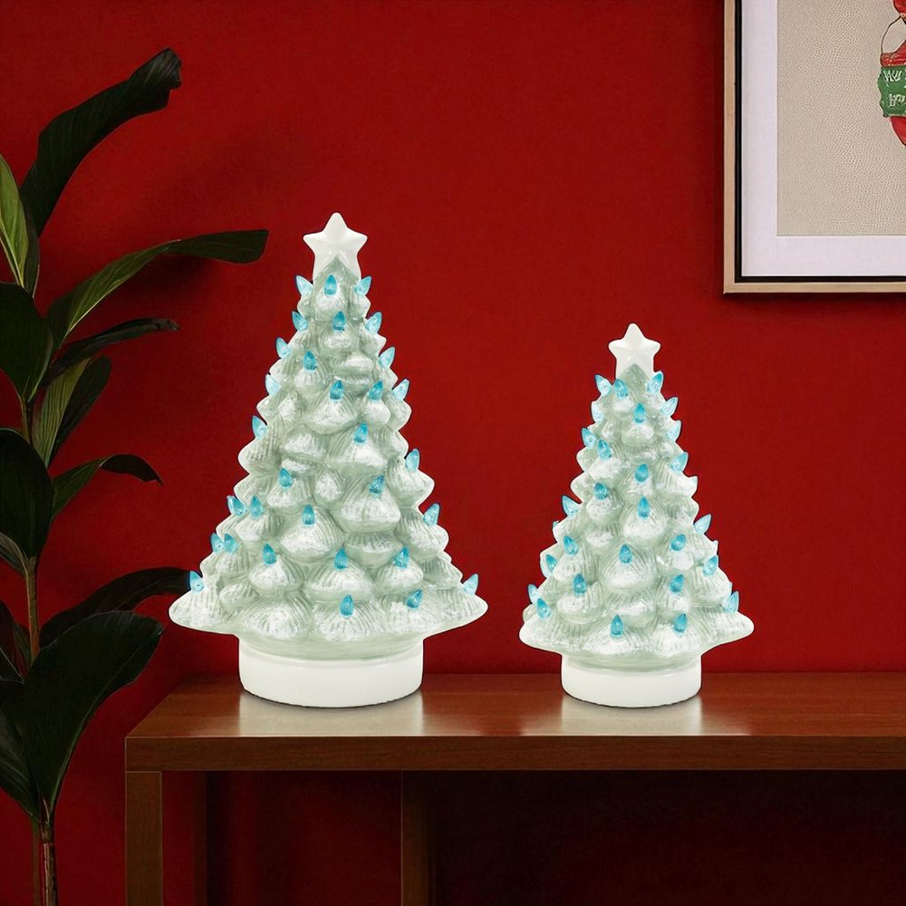 Set of Two Blue And White Ceramic Trees Christmas Christmas Tree Tabletop Sculpture with LED