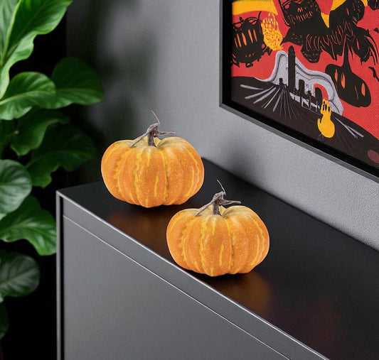 Set of Two Orange And Yellow Plastic Pumpkin Thanksgiving Pumpkin Tabletop Sculpture