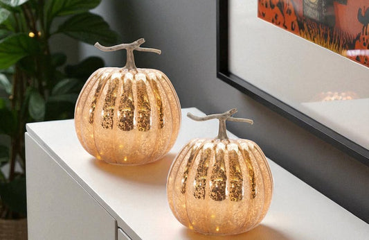 Set of Two Orange And Brown Glass Pumpkin Thanksgiving Pumpkin Tabletop Sculpture with LED