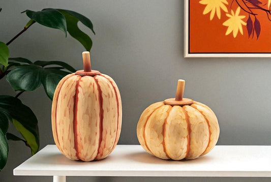 Set of Two Orange Wood Pumpkin Thanksgiving Pumpkin Tabletop Sculpture