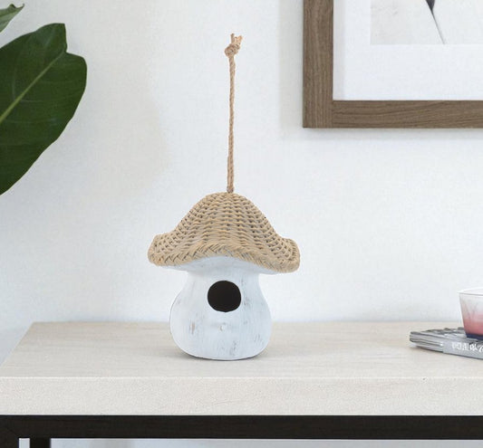 8" White And Beige Polyresin Mushroom Decorative Bird House