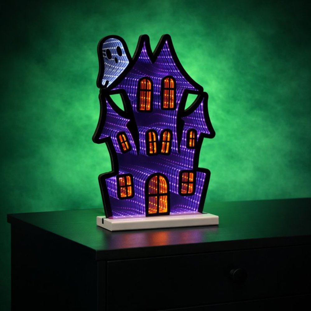 16" Black Orange And Purple Acrylic House Halloween Ghost Tabletop Sign with LED