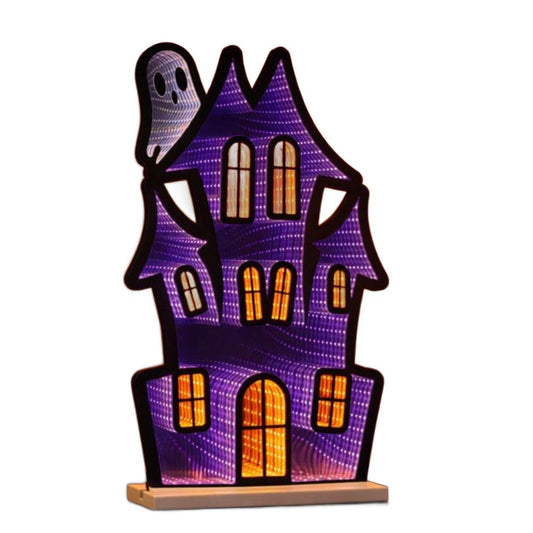24" Black Orange And Purple Acrylic House Halloween Ghost Tabletop Sign with LED