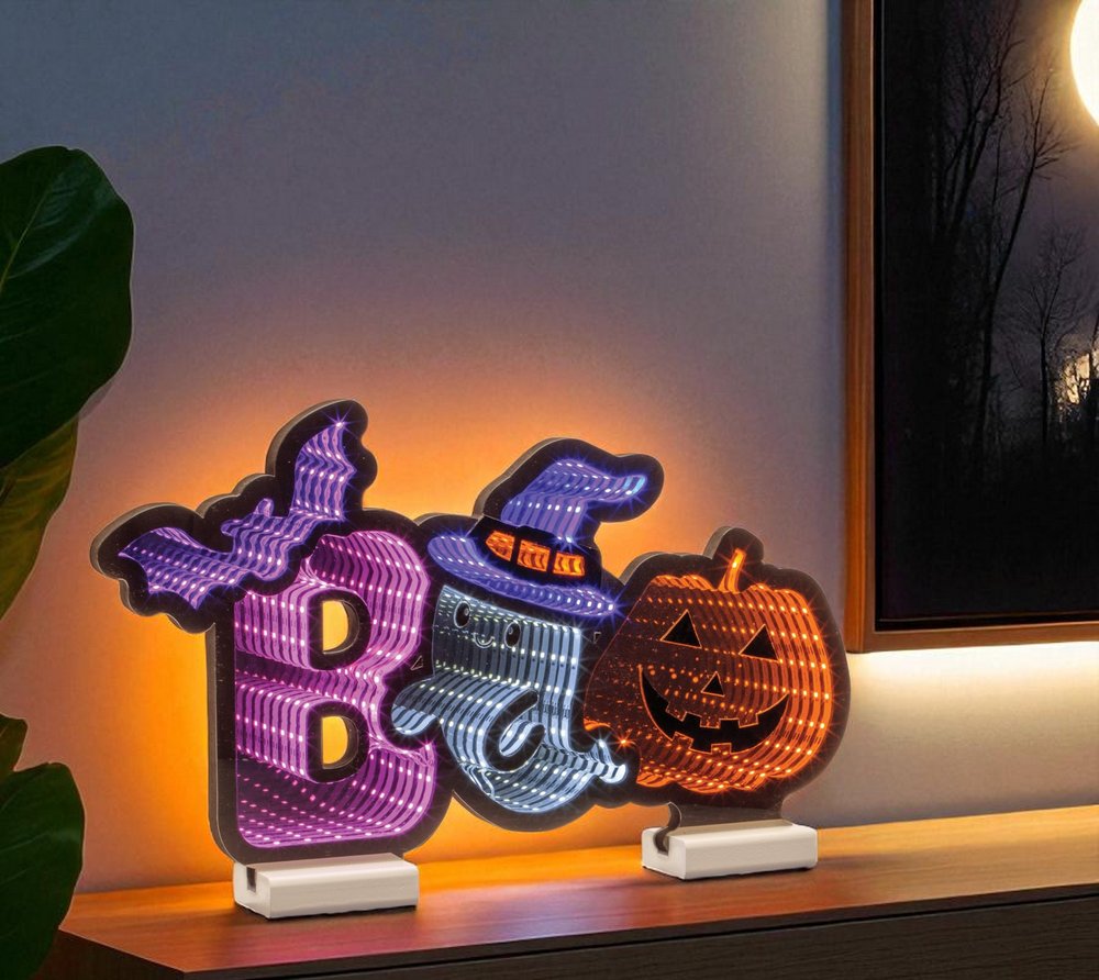 10" Purple Orange And Black Acrylic Halloween Tabletop Sign with LED