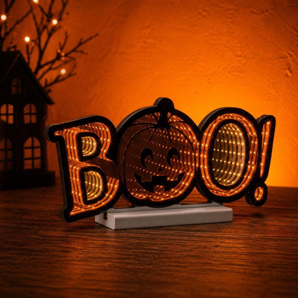 8" Orange And Black Acrylic Halloween Tabletop Sign with LED