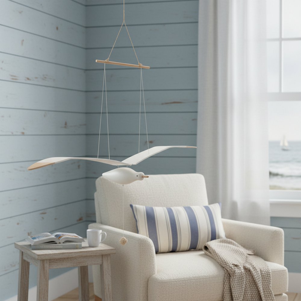 37" White And Natural Hanging Seagull Decorative Sculpture