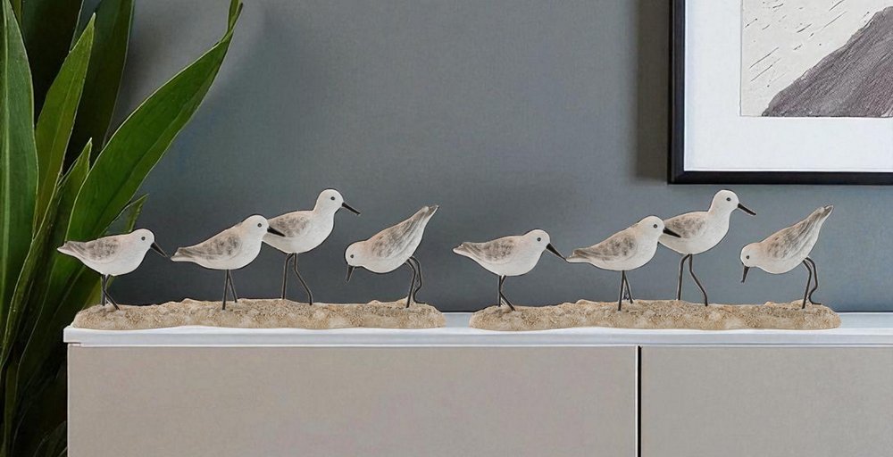 Set of Two White Black And Beige Polyresin Bird Figurine