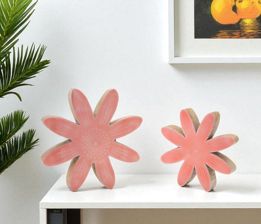 Set of Two Pink And Beige Wood Flowers Tabletop Sculpture