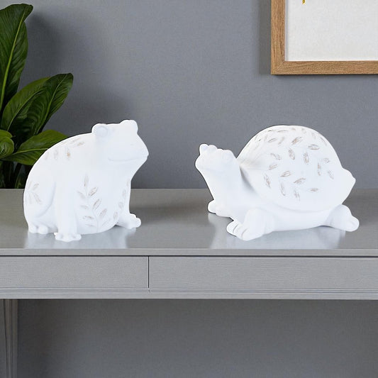 Set of Two White Polyresin Frog Figurine