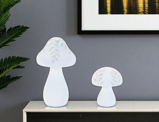Set of Two White Polyresin Mushroom Tabletop Sculpture