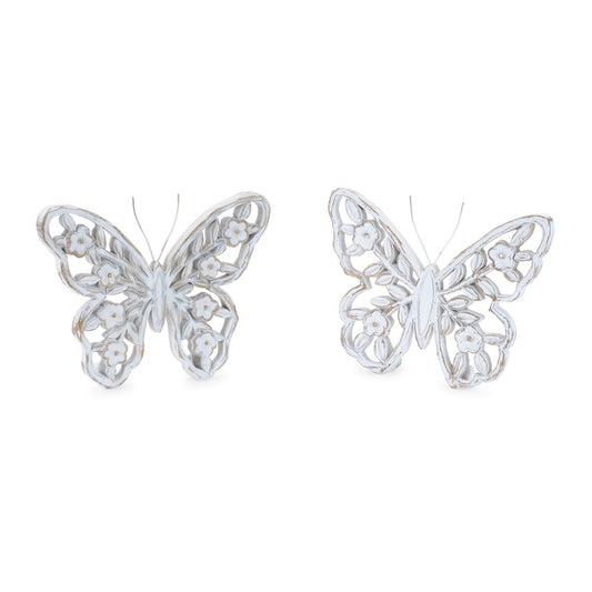 Set of Two White And Beige Polyresin Butterfly Tabletop Sculptures