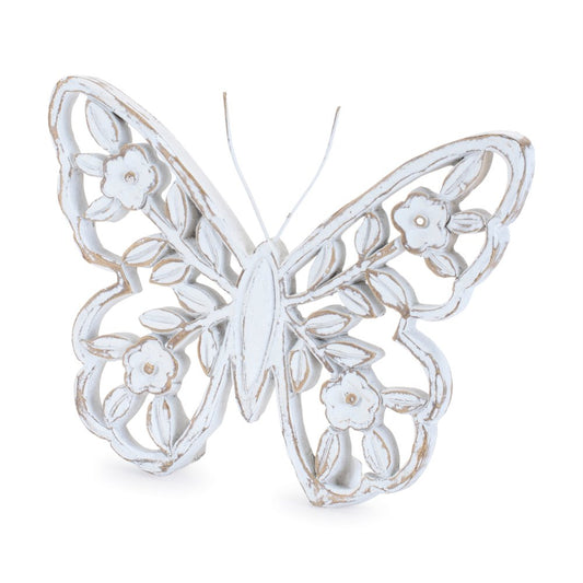 Set of Two White And Beige Polyresin Butterfly Tabletop Sculptures