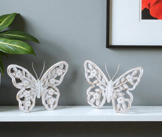 Set of Two White And Beige Polyresin Butterfly Tabletop Sculpture