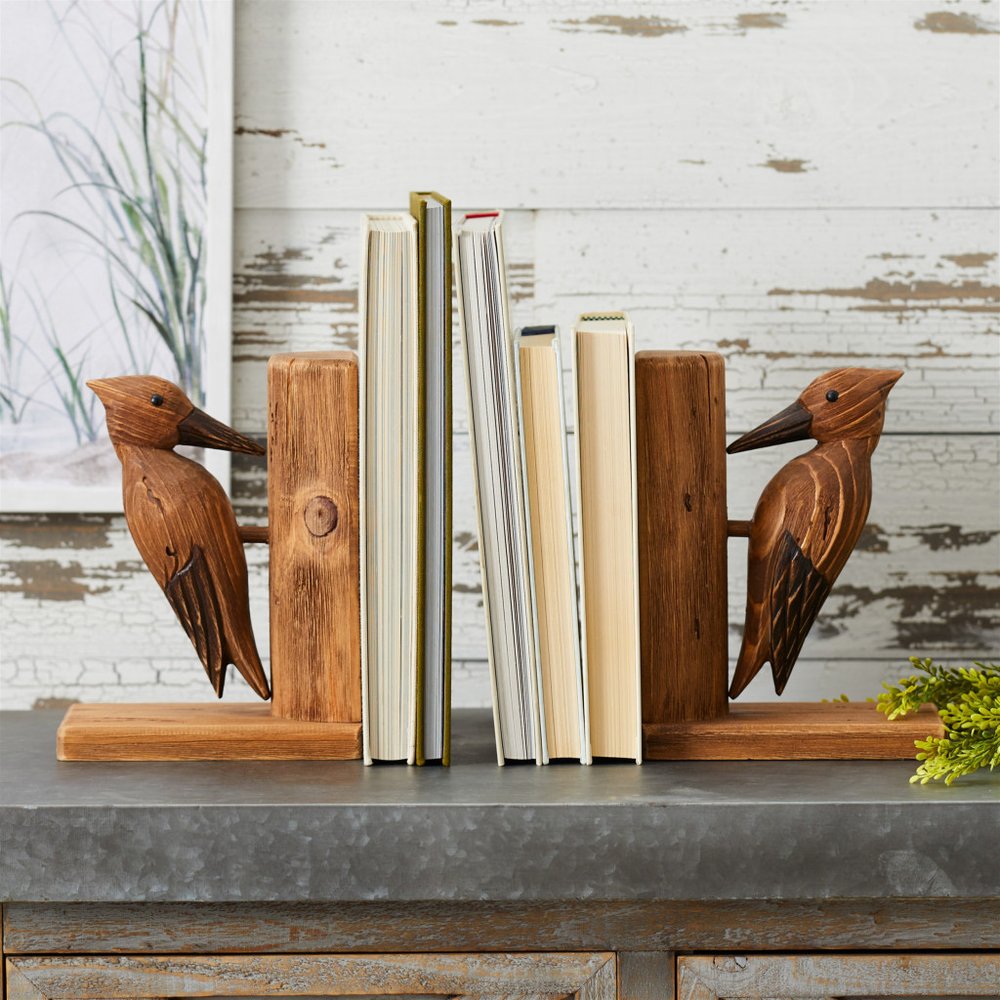 Set of Two Brown Wood Bird Decorative Bookends