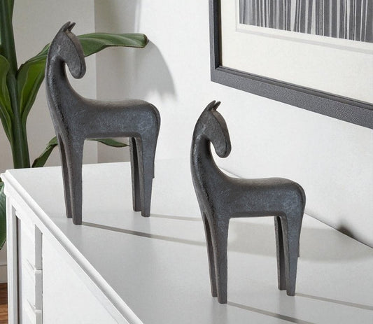 Set of Two Black Polyresin Horse Tabletop Sculpture