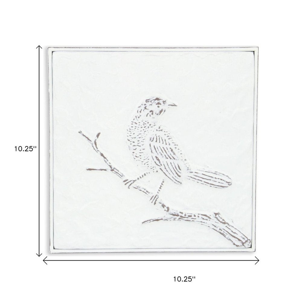 10" X 10" White Bird Metal Square Hanging Wall Decor