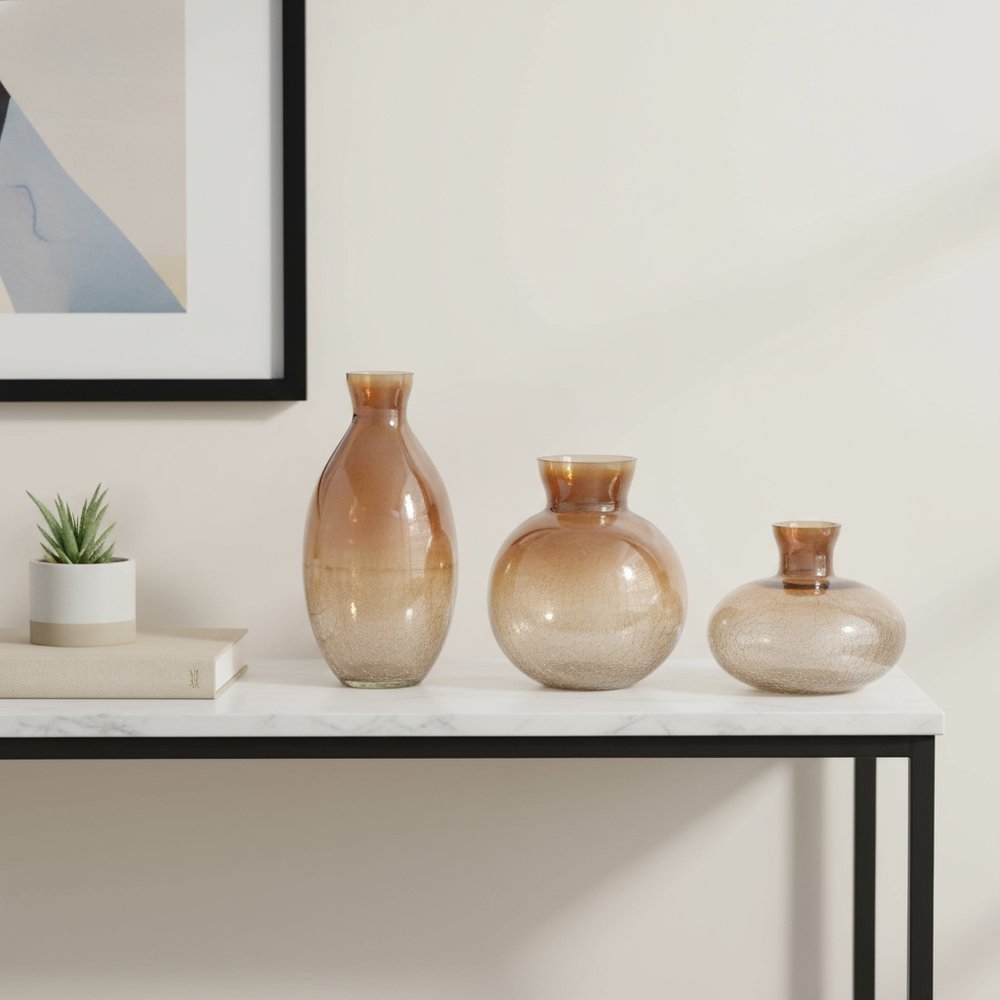 Set of Three Beige And Brown Crackle Glaze Glass Table Vases