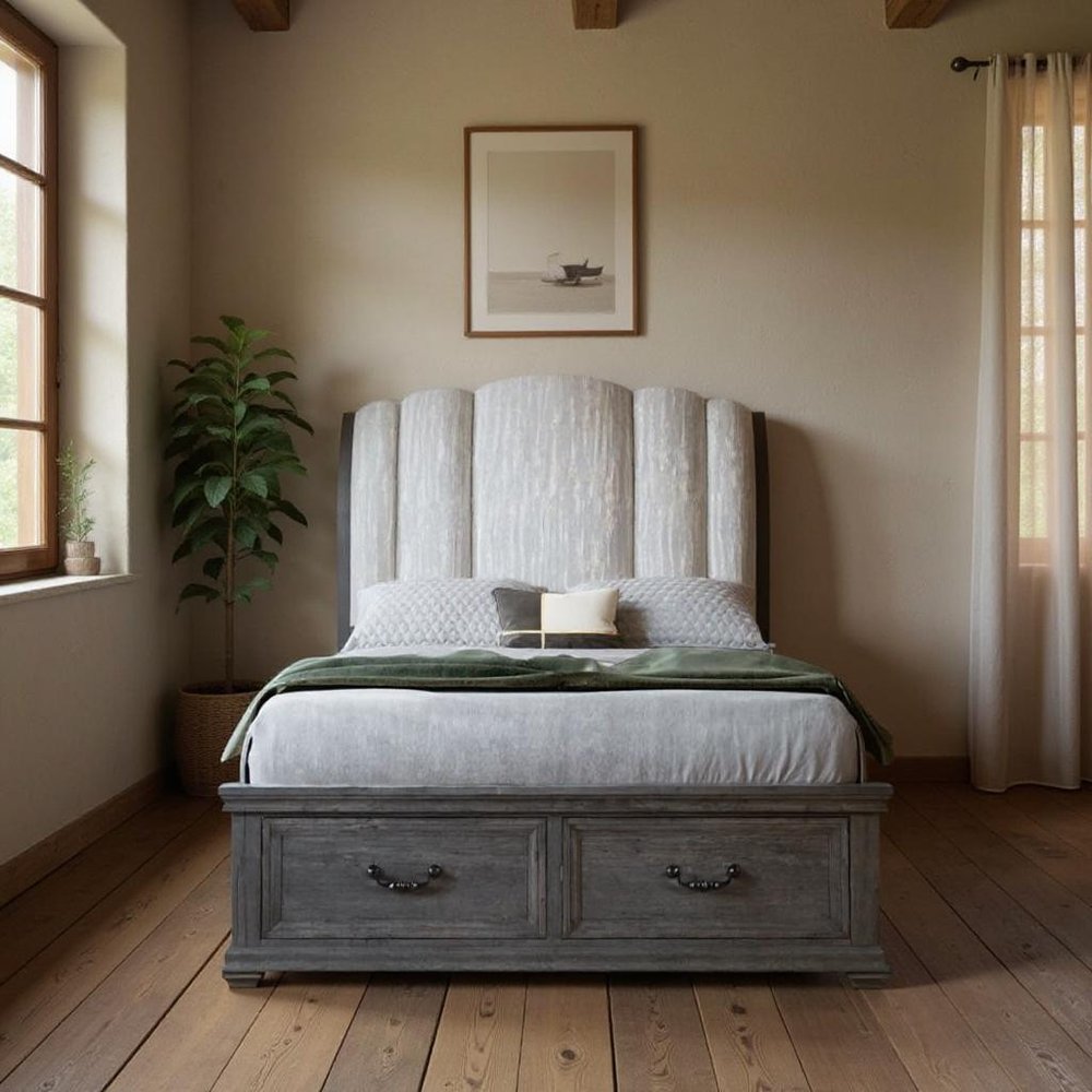 Gray Distressed Wood And Upholstery King Bed Frame With Drawers