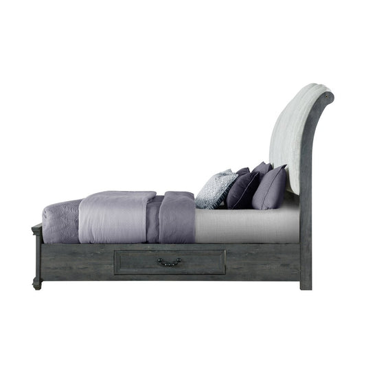 Gray Distressed Wood And Upholstery Queen Bed Frame With Drawers