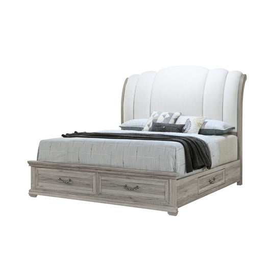 Natural and Light Gray Wood And Upholstery King Bed Frame With Drawers