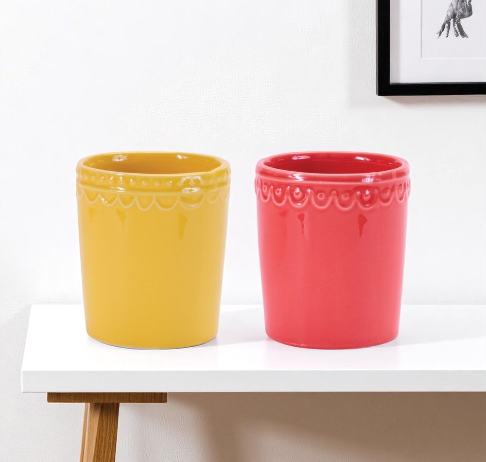 Set of Two Pink And Yellow Ceramic Rectangular Cachepots