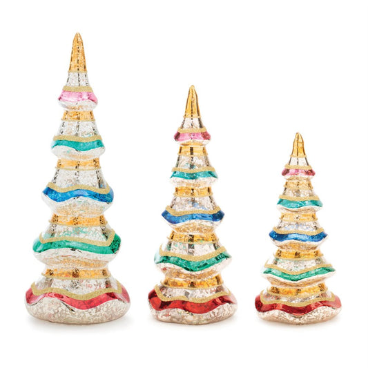 Set of Three Silver Gold Red And Green Mercury Glass Christmas Tree Sculptures