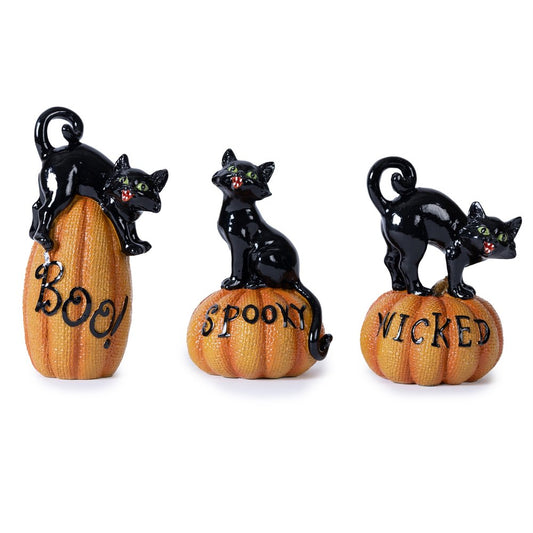 Set of Three Black And Orange Polyresin Halloween Black Cat Figurines