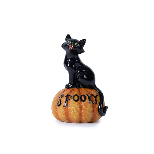 Set of Three Black And Orange Polyresin Halloween Black Cat Figurines
